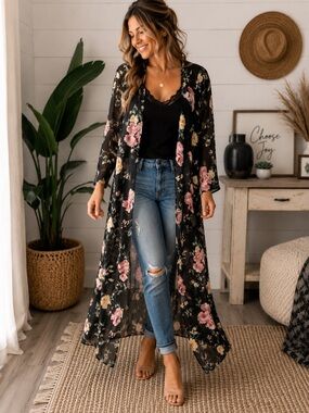 Truth NYC Black Floral Long Sleeve Kimono With Slits, Size 1X